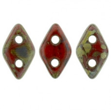 10g CzechMates 2 Hole Diamonds Opaque Red Picasso T9320